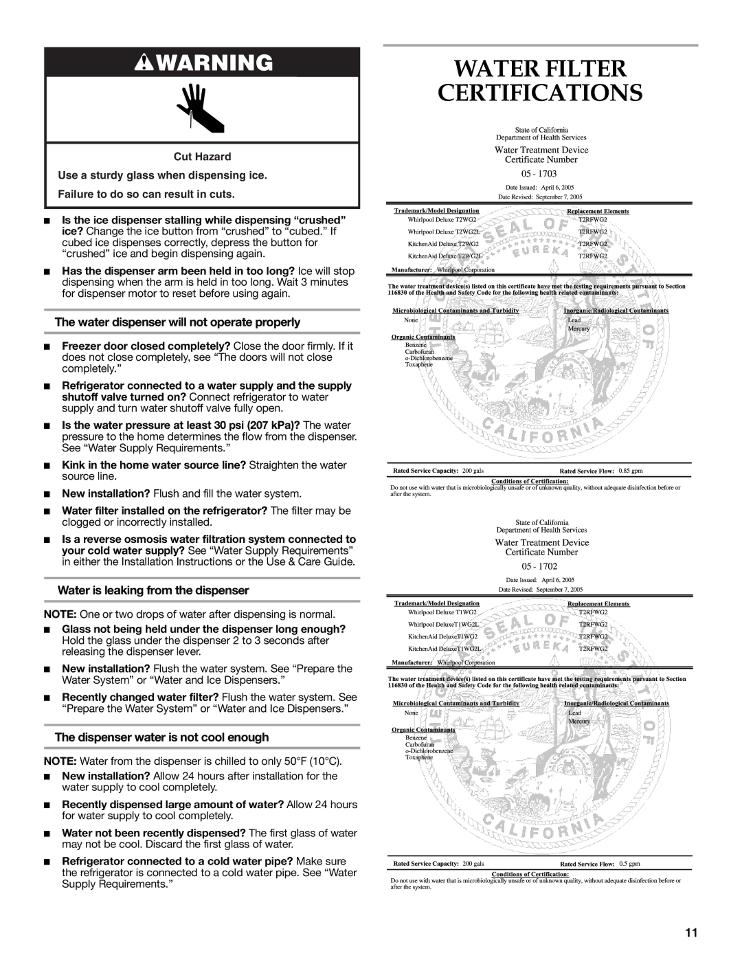 KitchenAid 2318586 warranty Water Filter Certifications, Water dispenser will not operate properly 