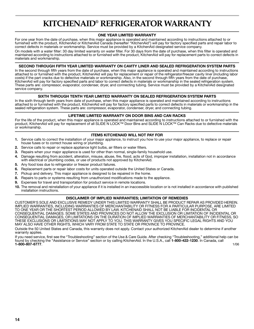 KitchenAid 2318586 warranty Kitchenaid Refrigerator Warranty, ONE Year Limited Warranty, Items Kitchenaid will not PAY for 