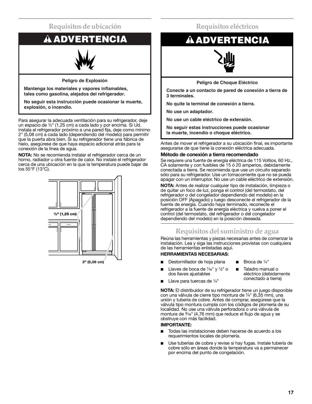 KitchenAid 2318586 warranty Requisitos de ubicación, Requisitos eléctricos, Requisitos del suministro de agua 