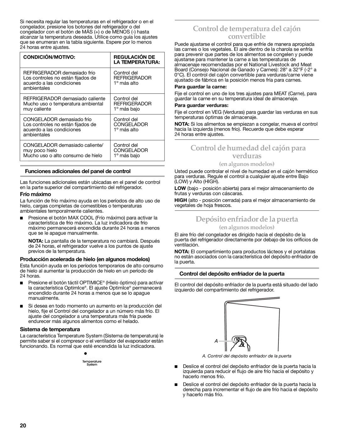 KitchenAid 2318586 warranty Control de temperatura del cajón Convertible, Control de humedad del cajón para verduras 