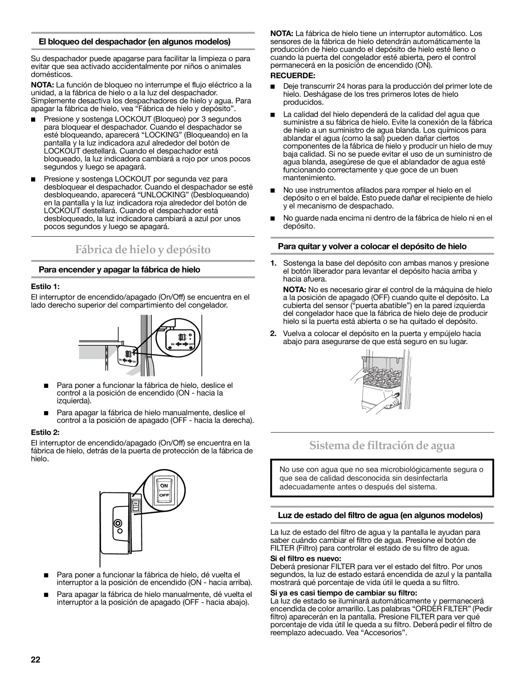 KitchenAid 2318586 warranty Fábrica de hielo y depósito, Sistema de filtración de agua 