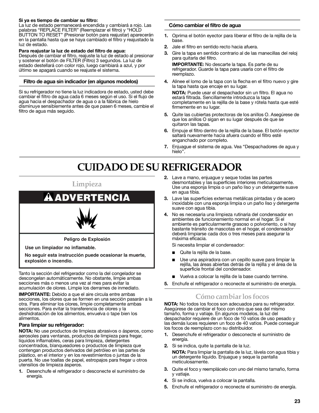 KitchenAid 2318586 warranty Cuidado DE SU Refrigerador, Limpieza, Cómo cambiar los focos 