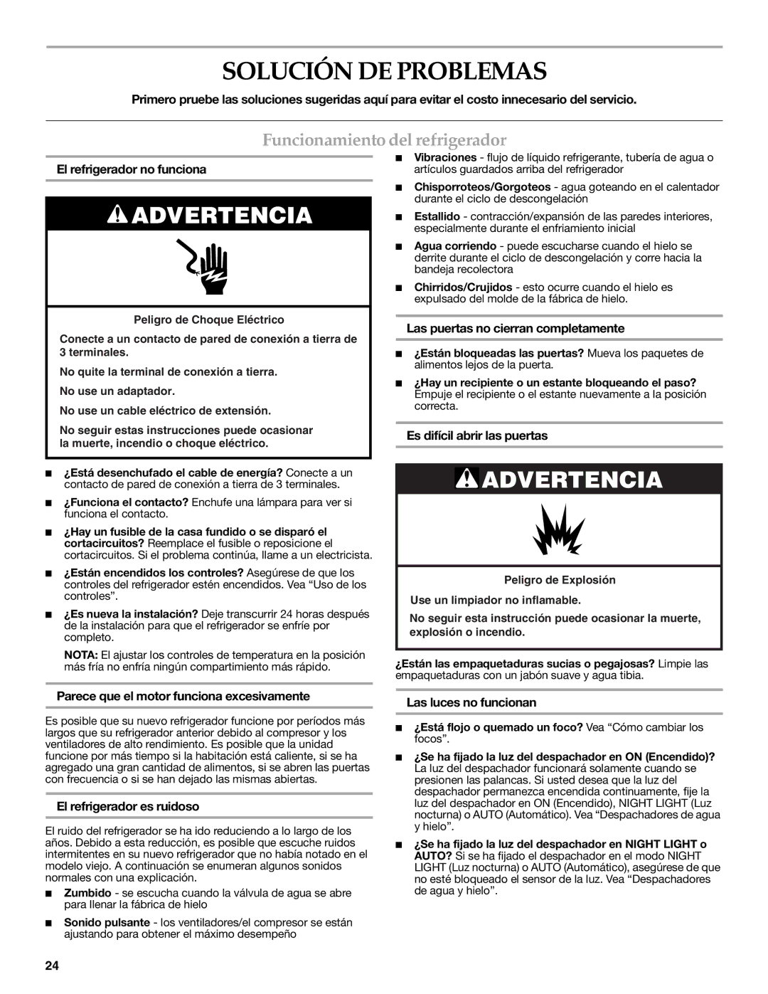 KitchenAid 2318586 warranty Solución DE Problemas, Funcionamiento del refrigerador 