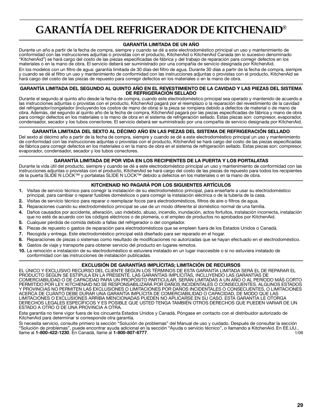 KitchenAid 2318586 warranty Garantía DEL Refrigerador DE Kitchenaid, Garantía Limitada DE UN AÑO 