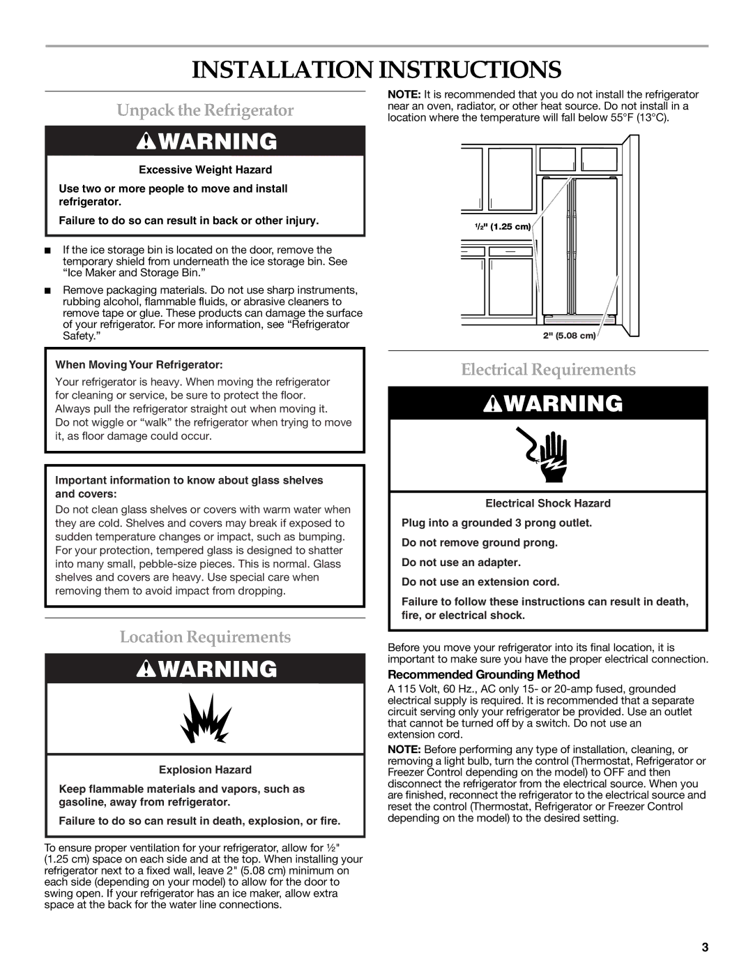 KitchenAid 2318586 Installation Instructions, Unpack the Refrigerator, Location Requirements, Electrical Requirements 