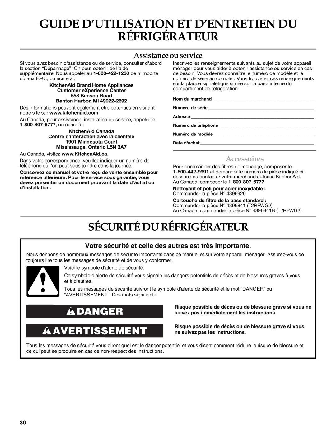 KitchenAid 2318586 warranty Sécurité DU Réfrigérateur, Accessoires, Nettoyant et poli pour acier inoxydable 