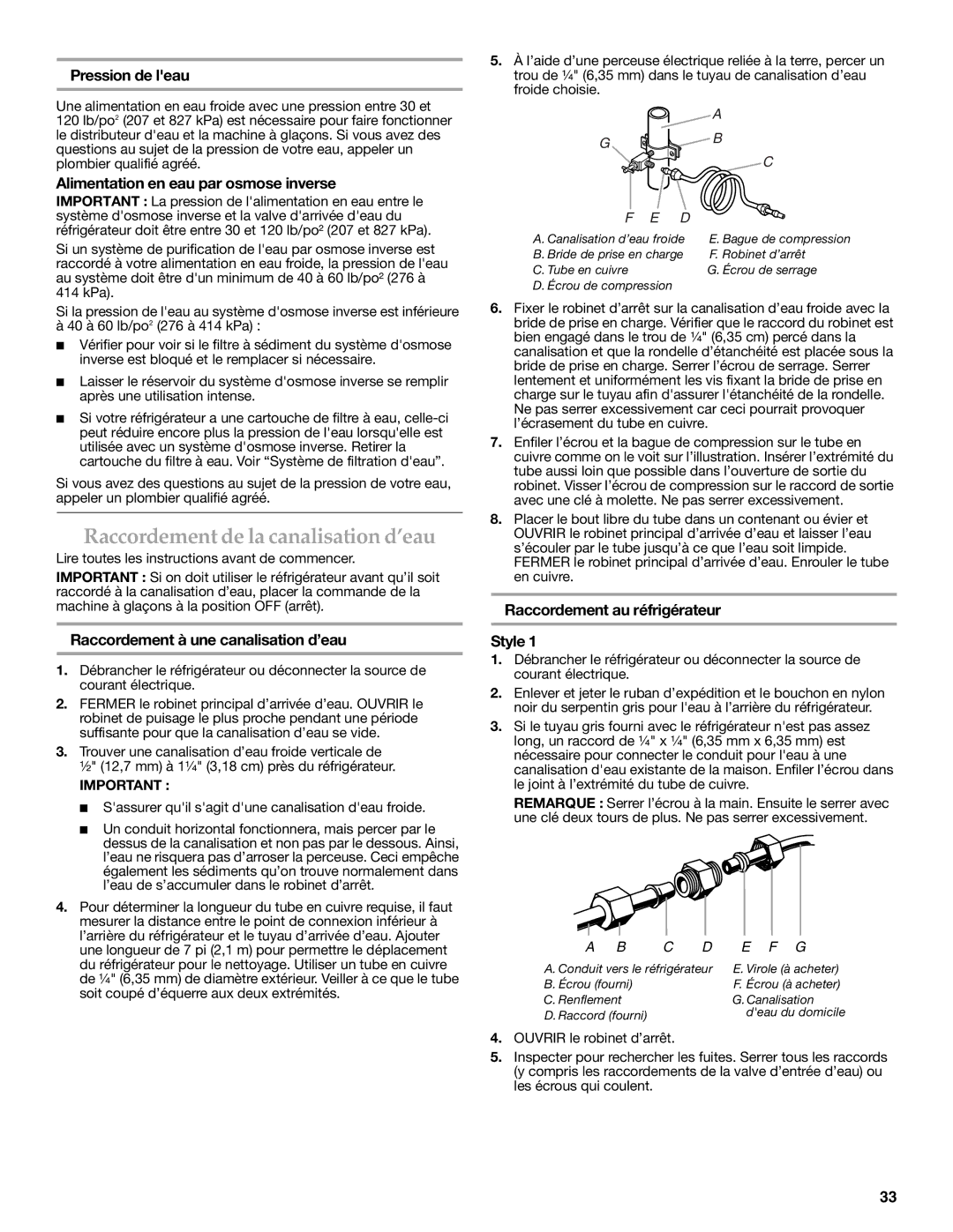 KitchenAid 2318586 warranty Raccordement de la canalisation d’eau, Pression de leau, Alimentation en eau par osmose inverse 