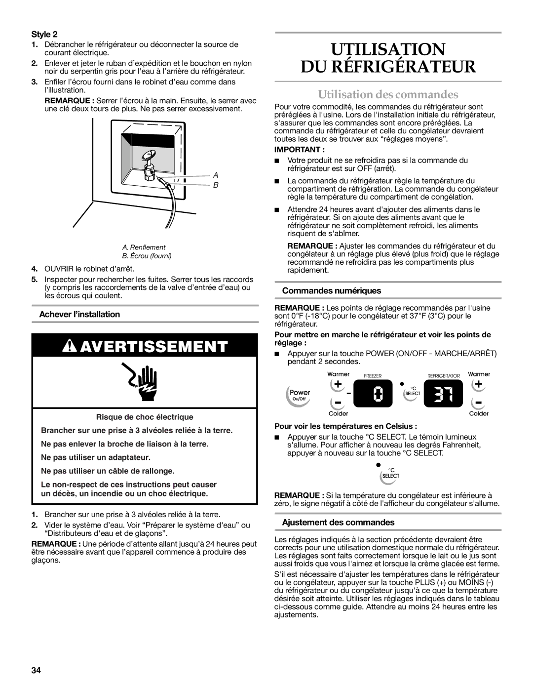 KitchenAid 2318586 Utilisation DU Réfrigérateur, Utilisation des commandes, Achever l’installation, Commandes numériques 