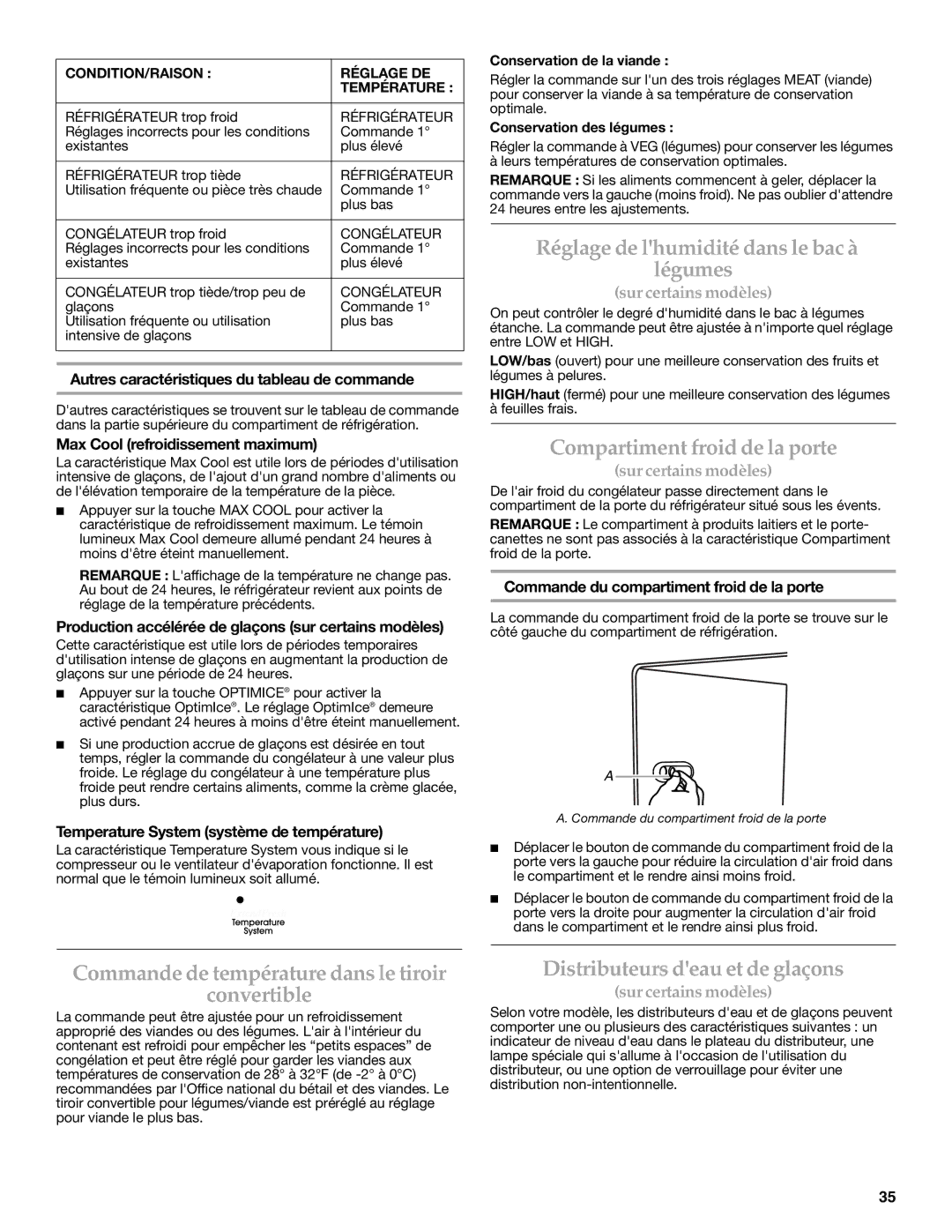 KitchenAid 2318586 warranty Réglage de lhumidité dans le bac à légumes, Compartiment froid de la porte 