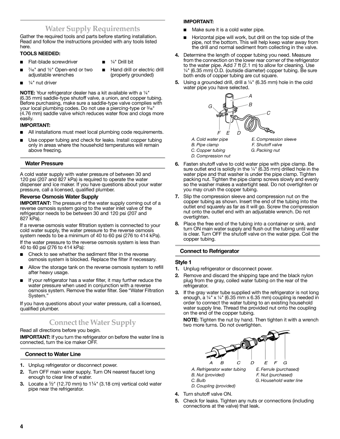 KitchenAid 2318586 warranty Water Supply Requirements, Connect the Water Supply 