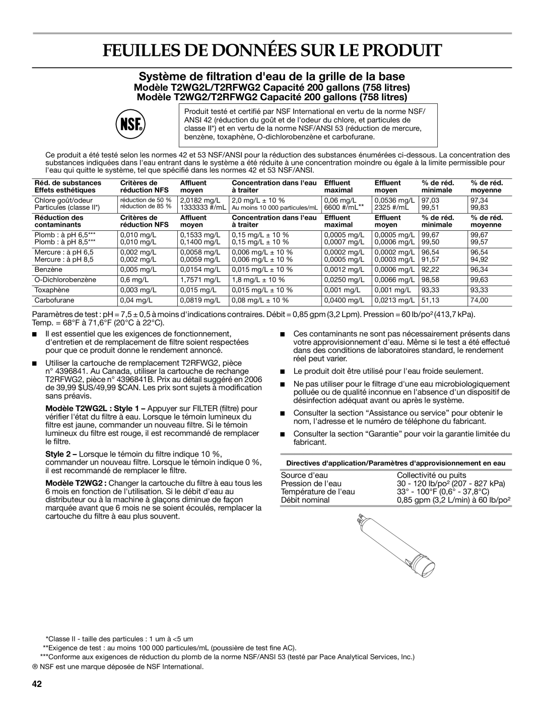 KitchenAid 2318586 warranty Feuilles DE Données SUR LE Produit, Système de filtration deau de la grille de la base 