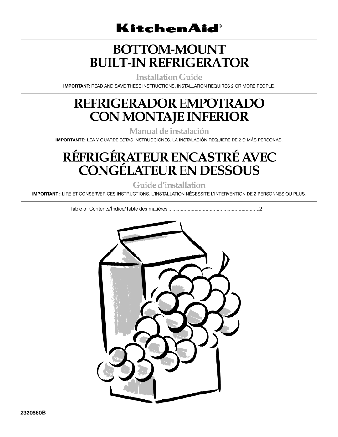 KitchenAid 2320680B manual BOTTOM-MOUNT BUILT-IN Refrigerator, Table of Contents/Índice/Table des matières 