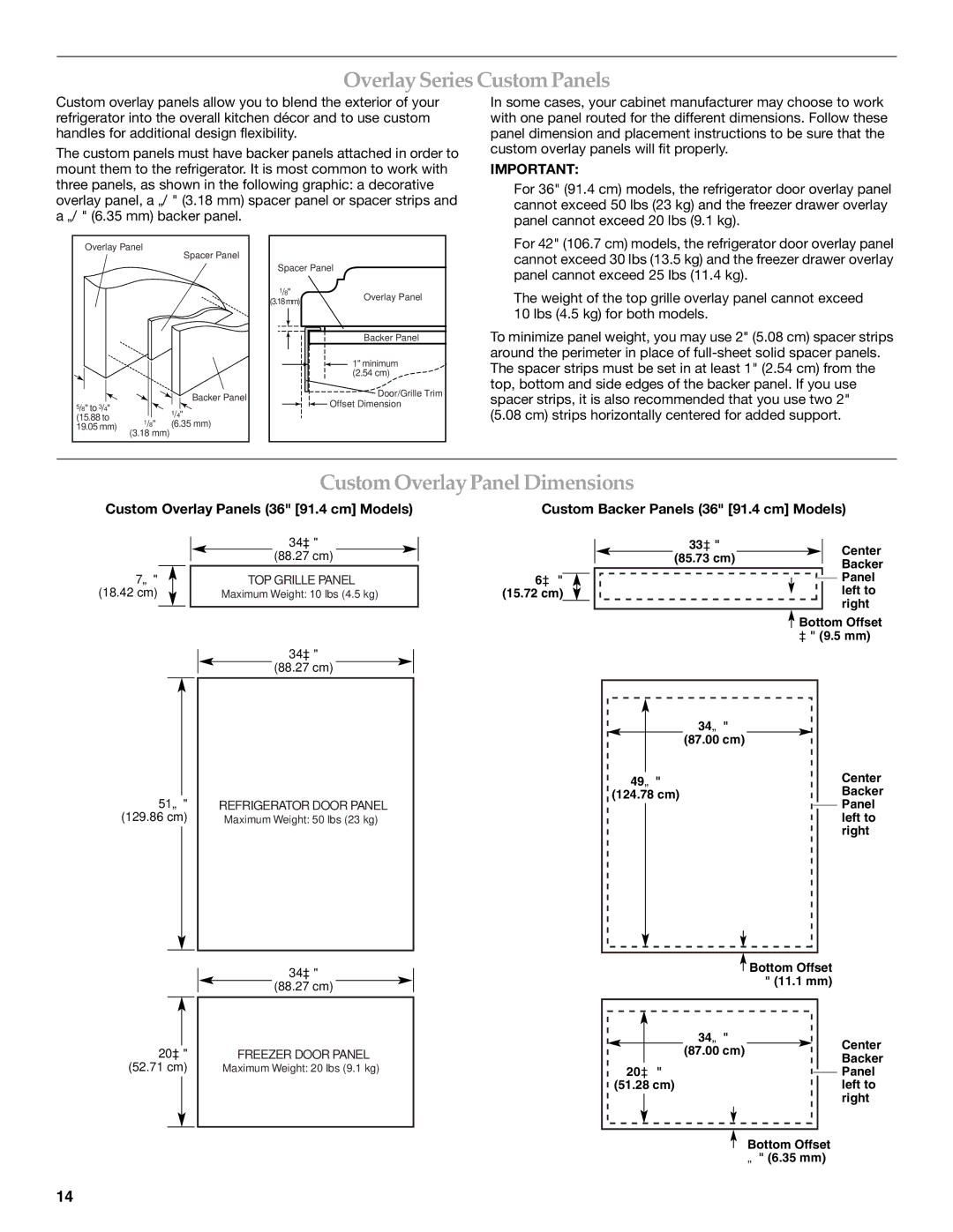 KitchenAid 2320680B Overlay Series Custom Panels, Custom Overlay Panel Dimensions, Custom Overlay Panels 36 91.4 cm Models 