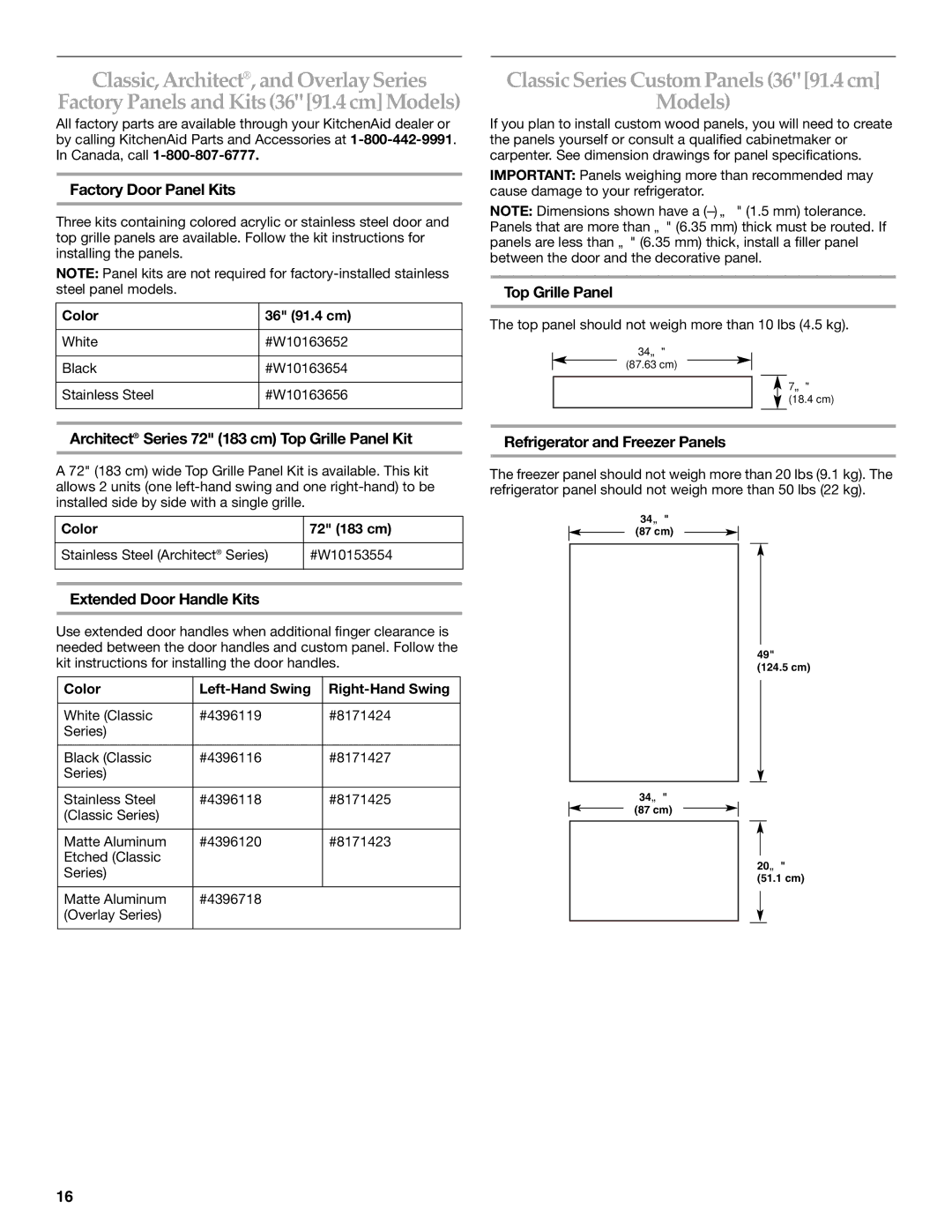 KitchenAid 2320680B manual Classic, Architect, and Overlay Series, Classic Series Custom Panels 36 91.4 cm Models 