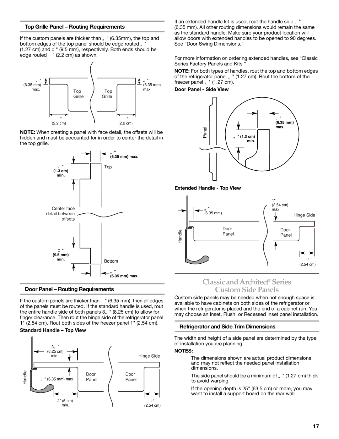 KitchenAid 2320680B manual Classic and Architect Series Custom Side Panels, Top Grille Panel Routing Requirements 