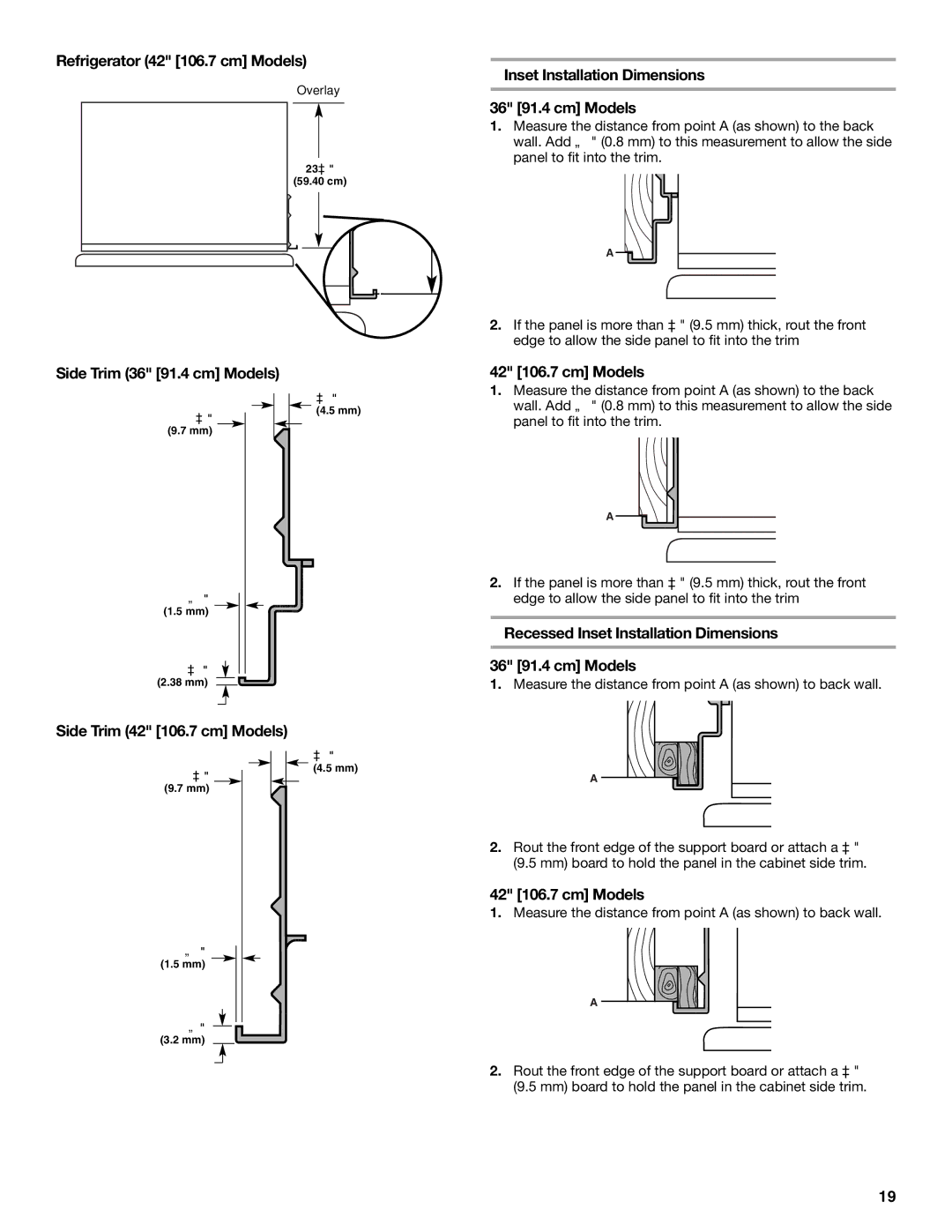 KitchenAid 2320680B manual Refrigerator 42 106.7 cm Models, Side Trim 36 91.4 cm Models Inset Installation Dimensions 