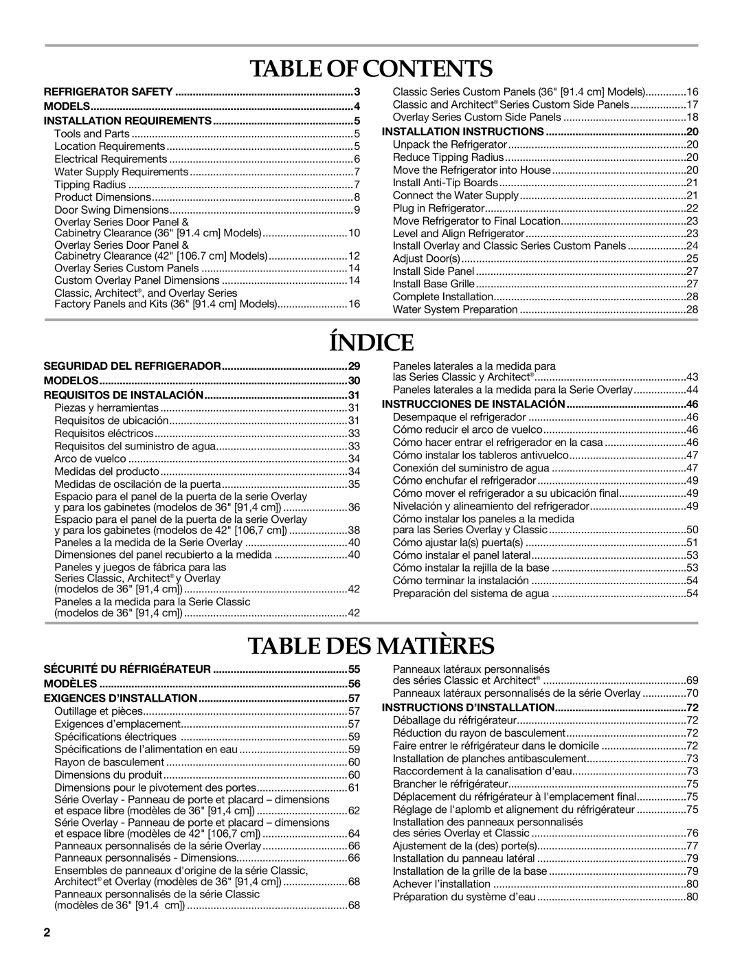 KitchenAid 2320680B manual Table of Contents, Índice, Table DES Matières 