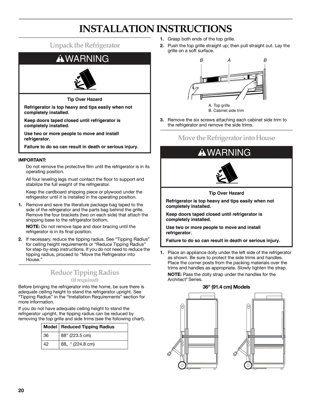 KitchenAid 2320680B manual Installation Instructions, Unpack the Refrigerator, Reduce Tipping Radius 