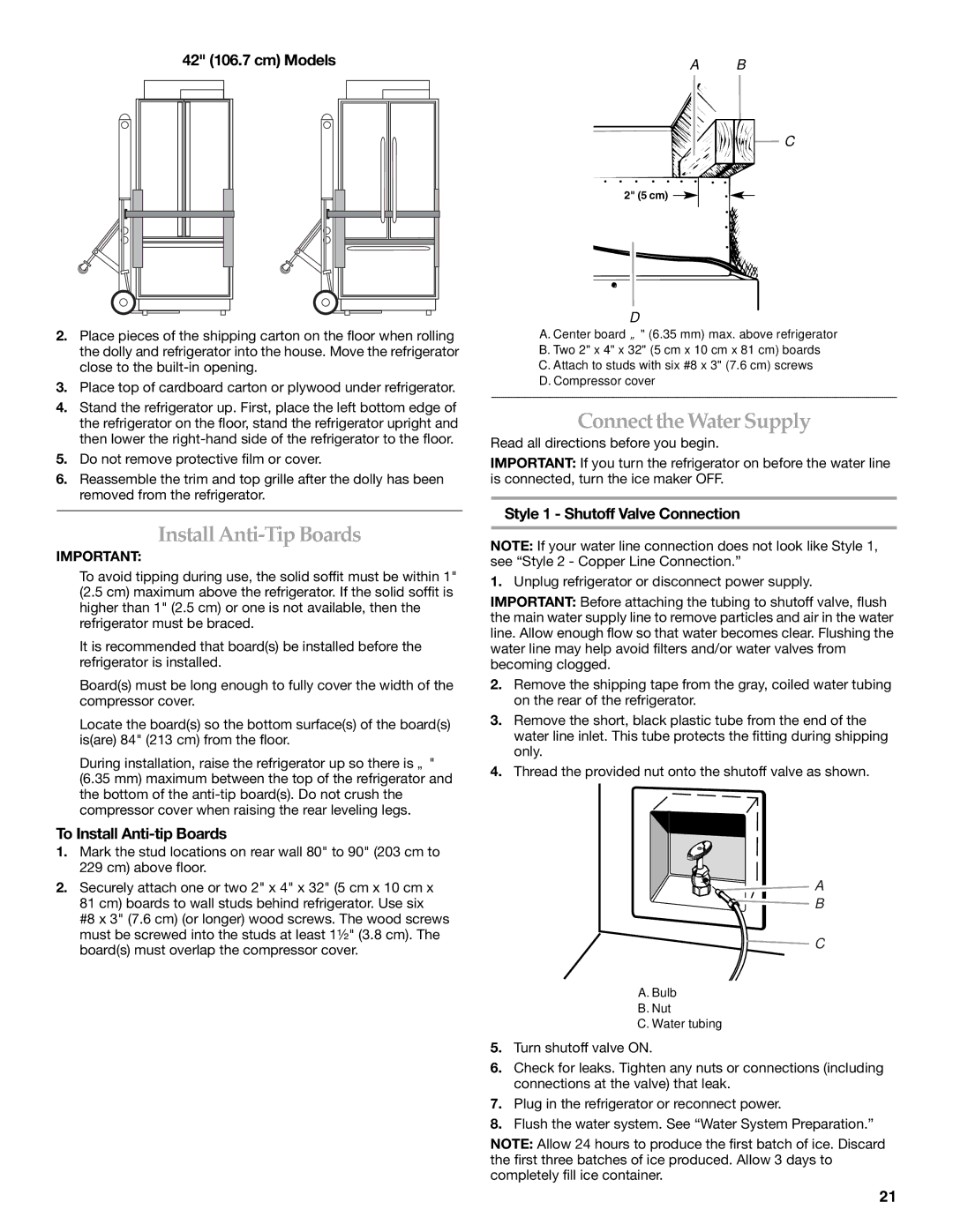 KitchenAid 2320680B manual Install Anti-Tip Boards, Connect the Water Supply, To Install Anti-tip Boards 