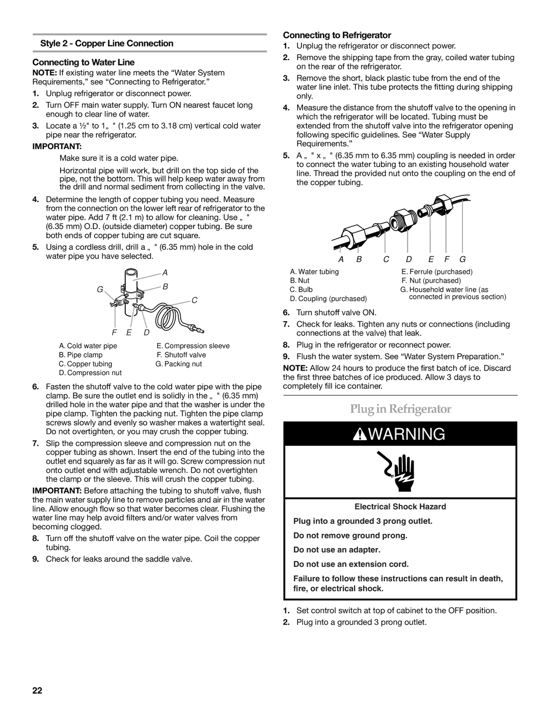 KitchenAid 2320680B manual Plug in Refrigerator, Style 2 Copper Line Connection Connecting to Water Line 