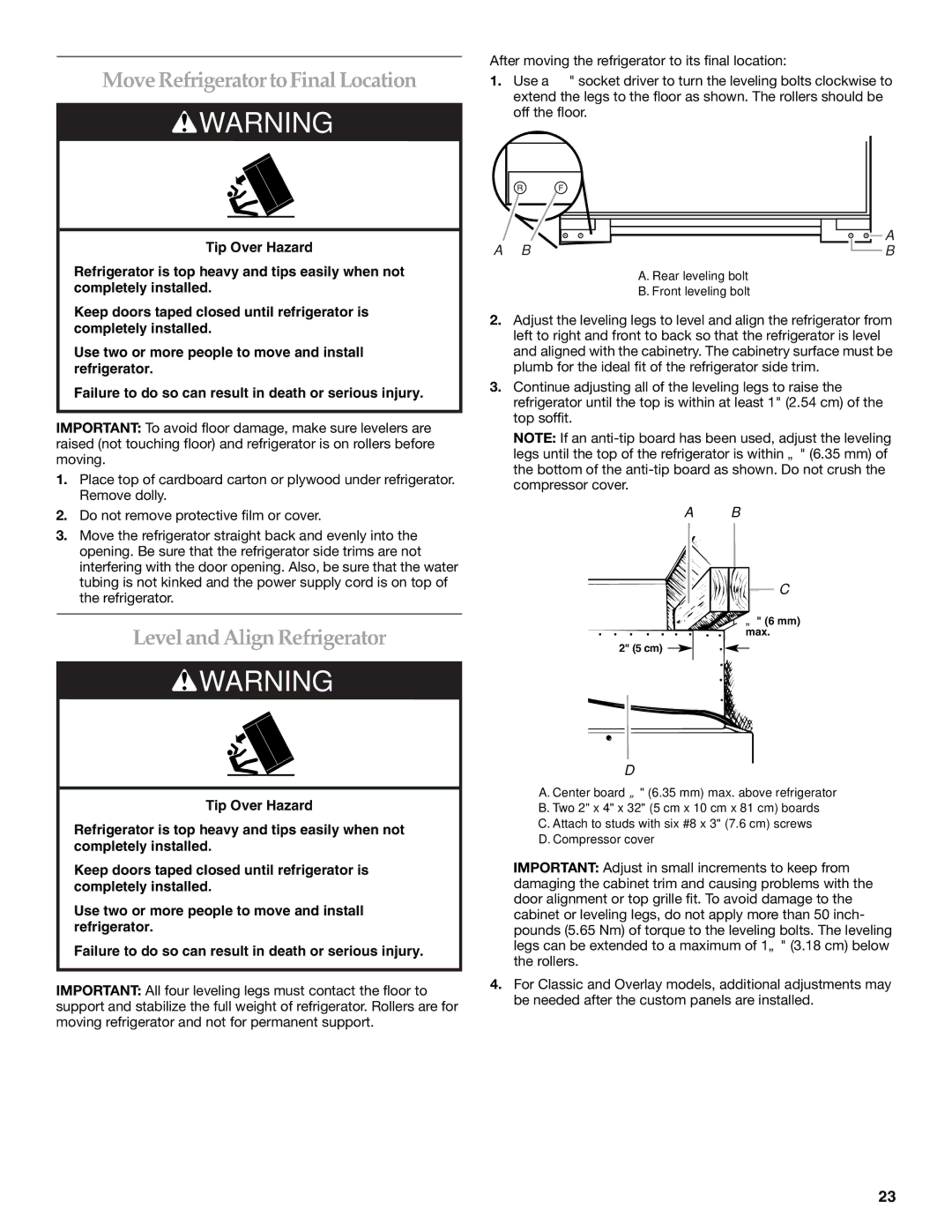 KitchenAid 2320680B manual Move Refrigerator to Final Location, Level and Align Refrigerator 