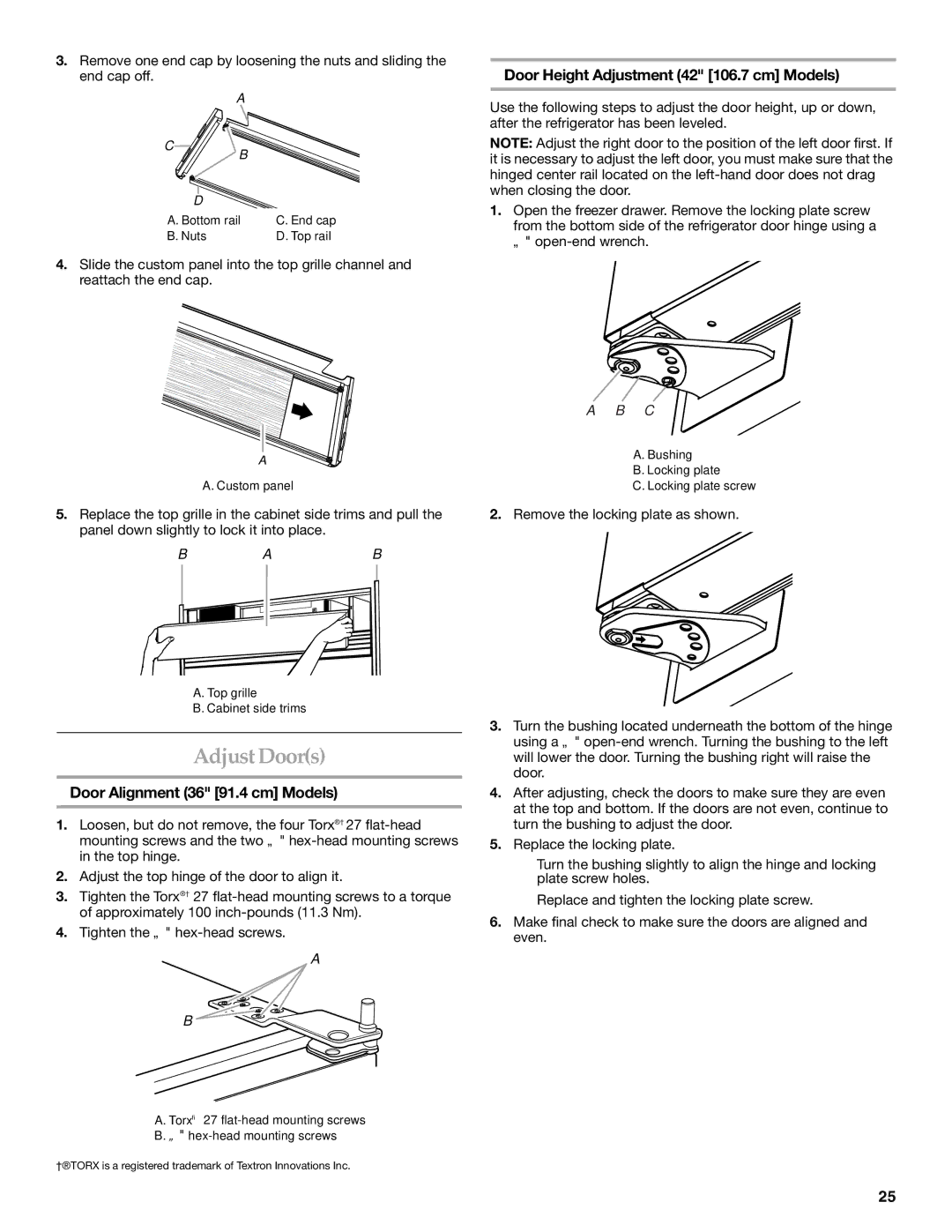 KitchenAid 2320680B manual Adjust Doors, Door Alignment 36 91.4 cm Models, Door Height Adjustment 42 106.7 cm Models 