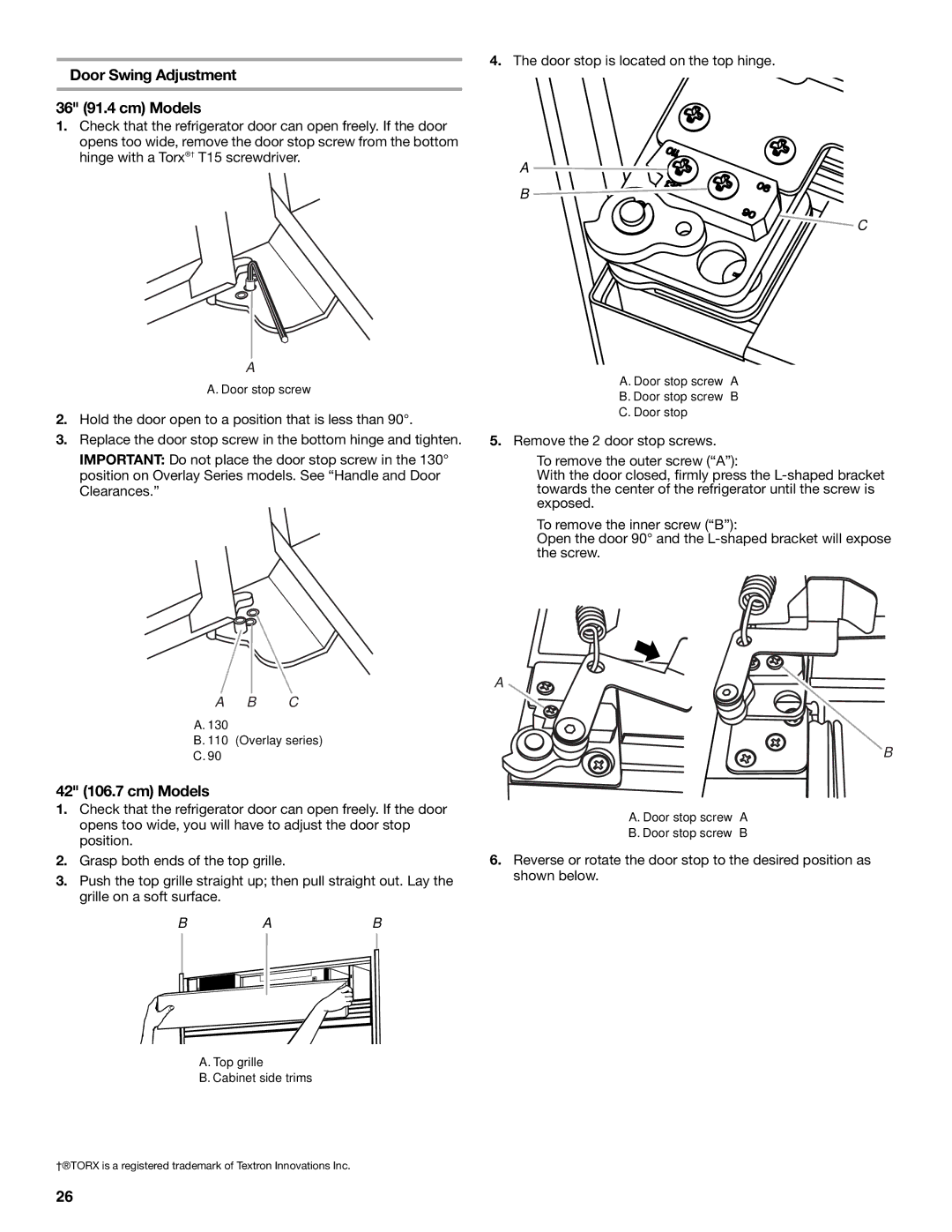 KitchenAid 2320680B manual Door Swing Adjustment 36 91.4 cm Models, Door stop is located on the top hinge 