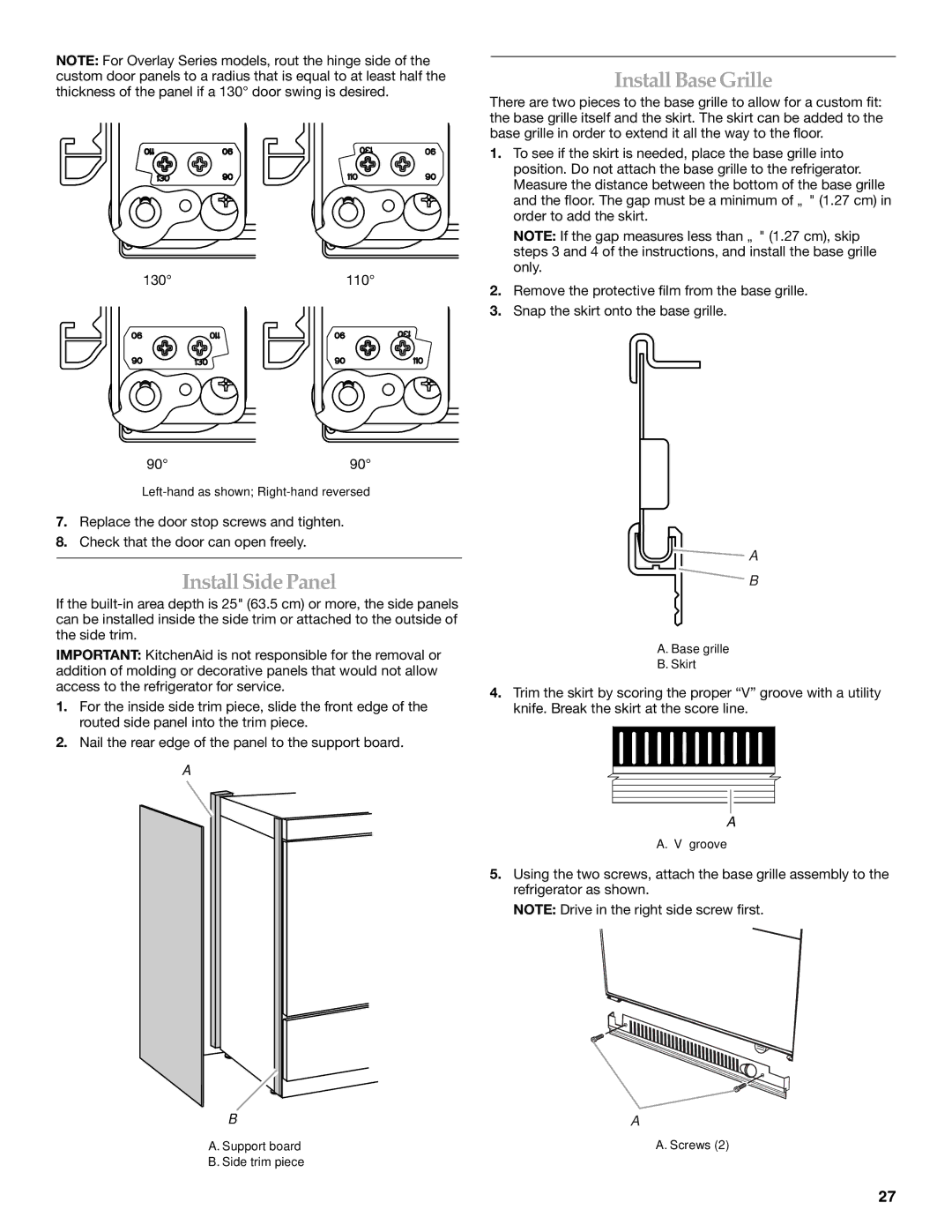 KitchenAid 2320680B manual Install Side Panel, Install Base Grille, 110 