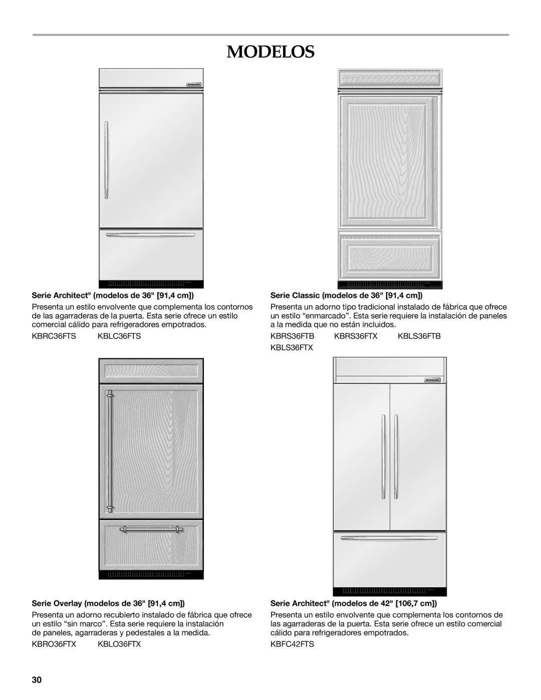 KitchenAid 2320680B manual Modelos, Serie Architect modelos de 36 91,4 cm, Serie Classic modelos de 36 91,4 cm 