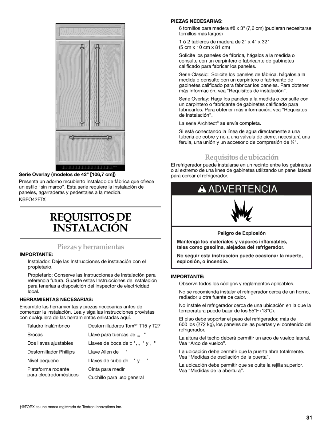 KitchenAid 2320680B manual Requisitos DE Instalación, Piezas y herramientas, Requisitos de ubicación 