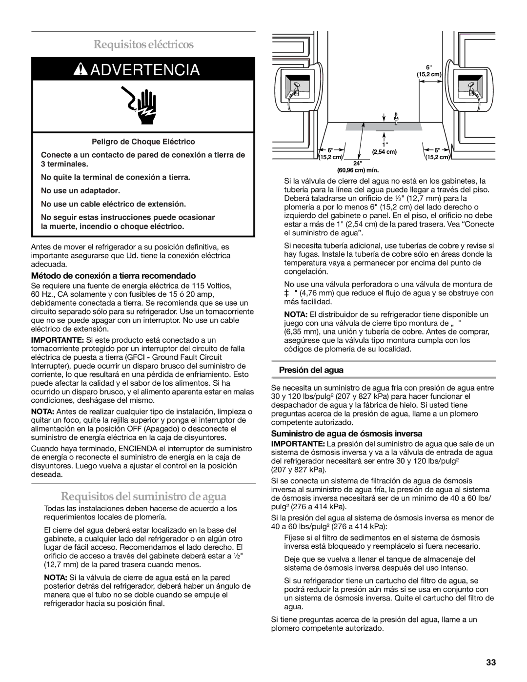 KitchenAid 2320680B Requisitos eléctricos, Requisitos del suministro de agua, Método de conexión a tierra recomendado 