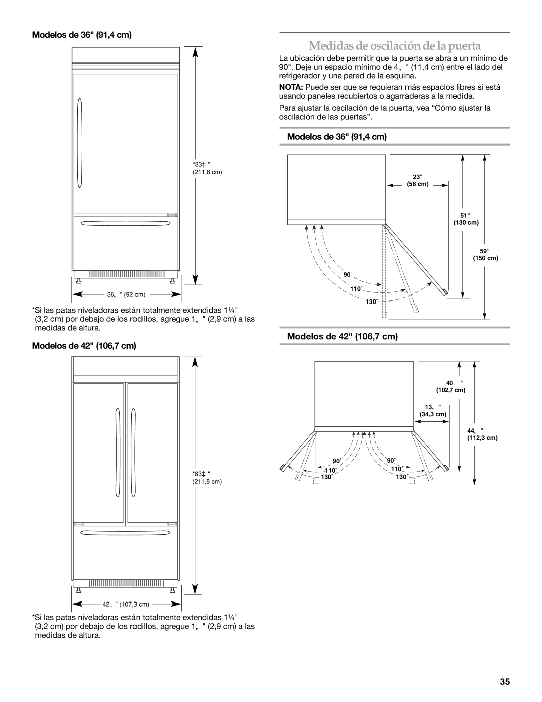 KitchenAid 2320680B manual Medidas de oscilación de la puerta 