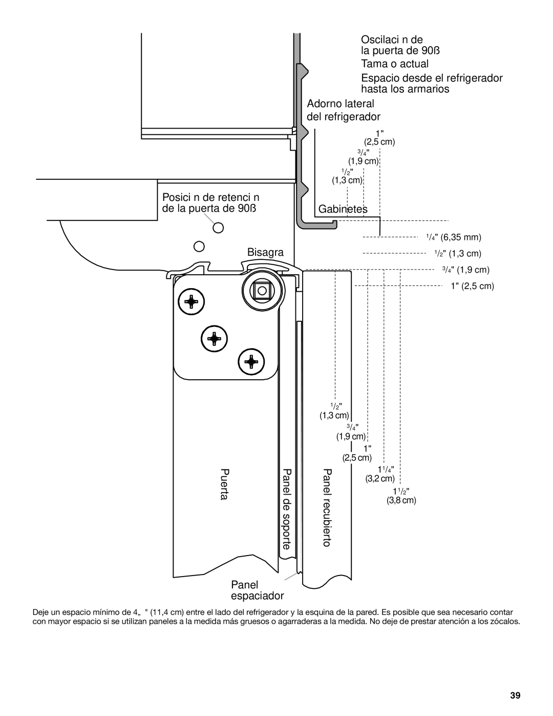 KitchenAid 2320680B manual Posición de retención de la puerta de 90˚ Bisagra Puerta, Soporte, Recubierto Panel espaciador 