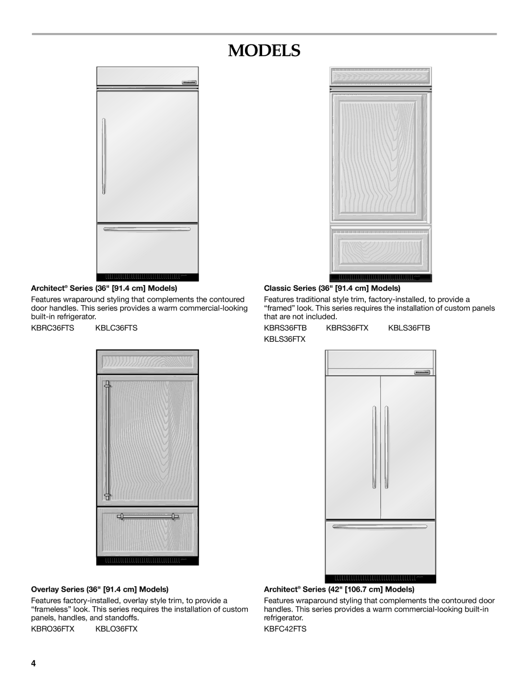 KitchenAid 2320680B manual Architect Series 36 91.4 cm Models, Classic Series 36 91.4 cm Models 