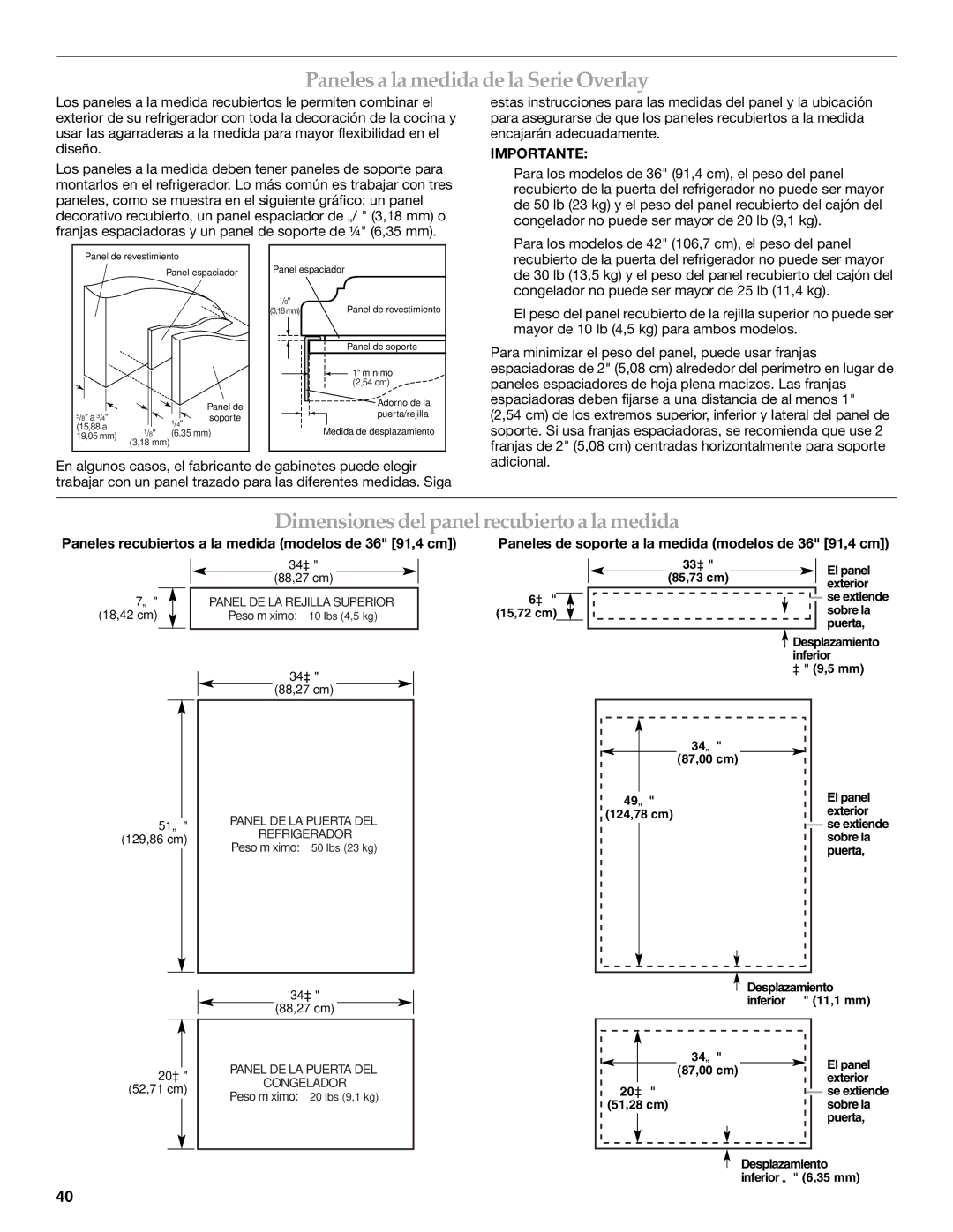 KitchenAid 2320680B manual Paneles a la medida de la Serie Overlay, Dimensiones del panel recubierto a la medida 