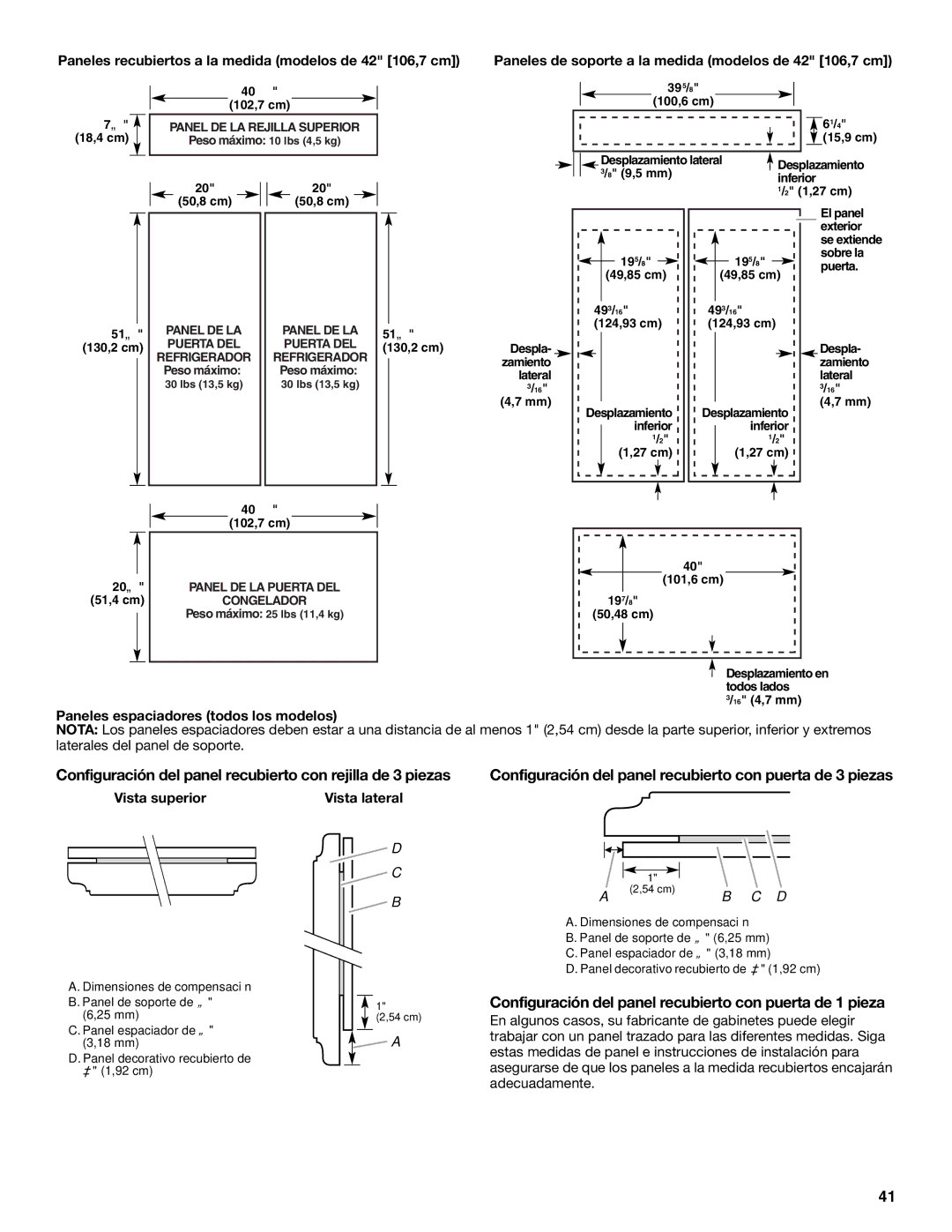 KitchenAid 2320680B manual Configuración del panel recubierto con puerta de 1 pieza, Paneles espaciadores todos los modelos 