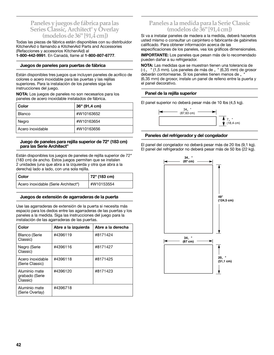 KitchenAid 2320680B manual Juegos de paneles para puertas de fábrica, Juegos de extensión de agarraderas de la puerta 