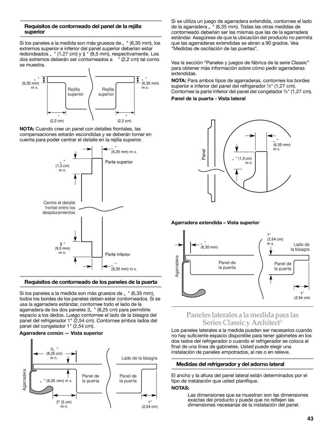 KitchenAid 2320680B manual Requisitos de contorneado del panel de la rejilla superior, Panel de la puerta Vista lateral 