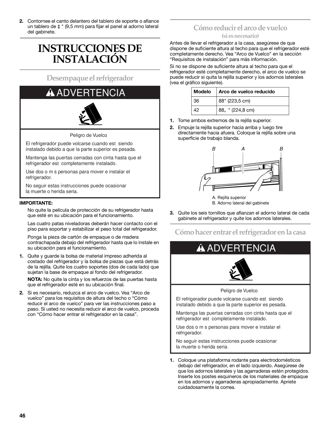 KitchenAid 2320680B manual Instrucciones DE Instalación, Desempaque el refrigerador, Cómo reducir el arco de vuelco 