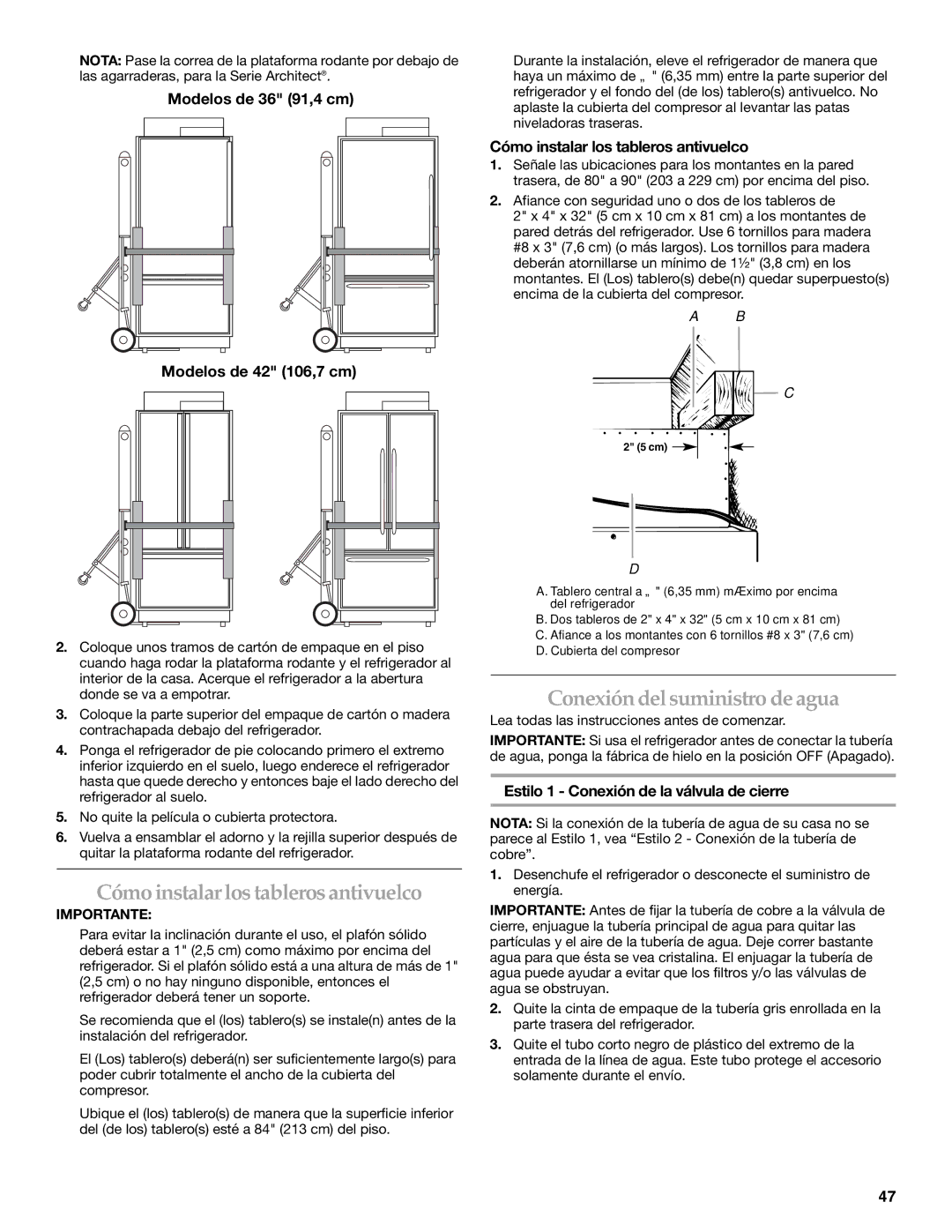 KitchenAid 2320680B manual Cómo instalar los tableros antivuelco, Conexión del suministro de agua 