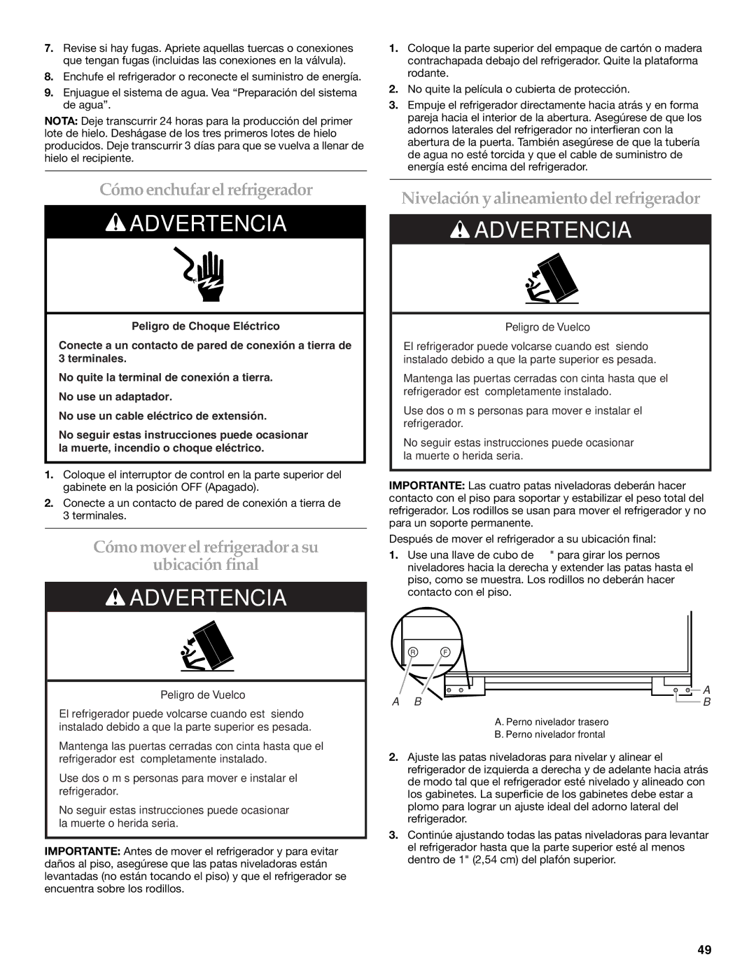 KitchenAid 2320680B manual Cómo enchufar el refrigerador, Cómo mover el refrigerador a su Ubicación final 