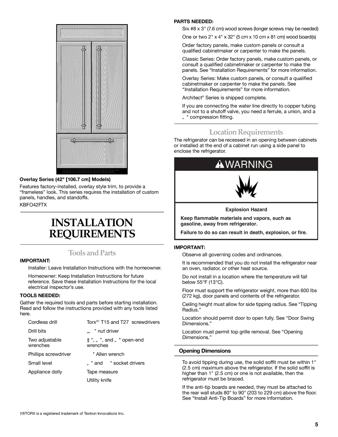 KitchenAid 2320680B manual Installation Requirements, Tools and Parts, Location Requirements, Opening Dimensions 