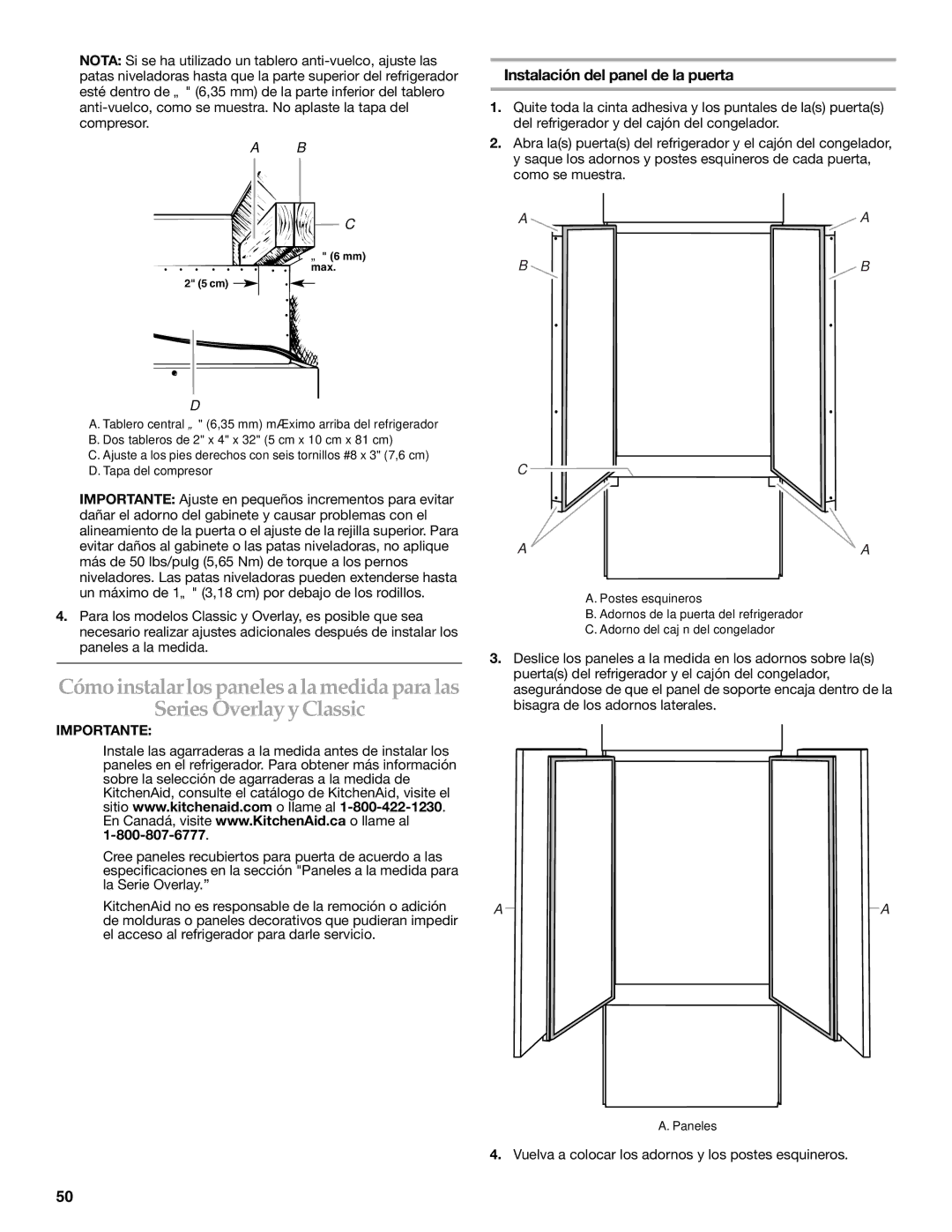 KitchenAid 2320680B manual Series Overlay y Classic, Instalación del panel de la puerta 