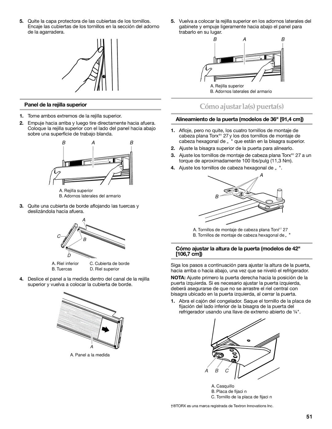 KitchenAid 2320680B manual Cómo ajustar las puertas, Alineamiento de la puerta modelos de 36 91,4 cm 