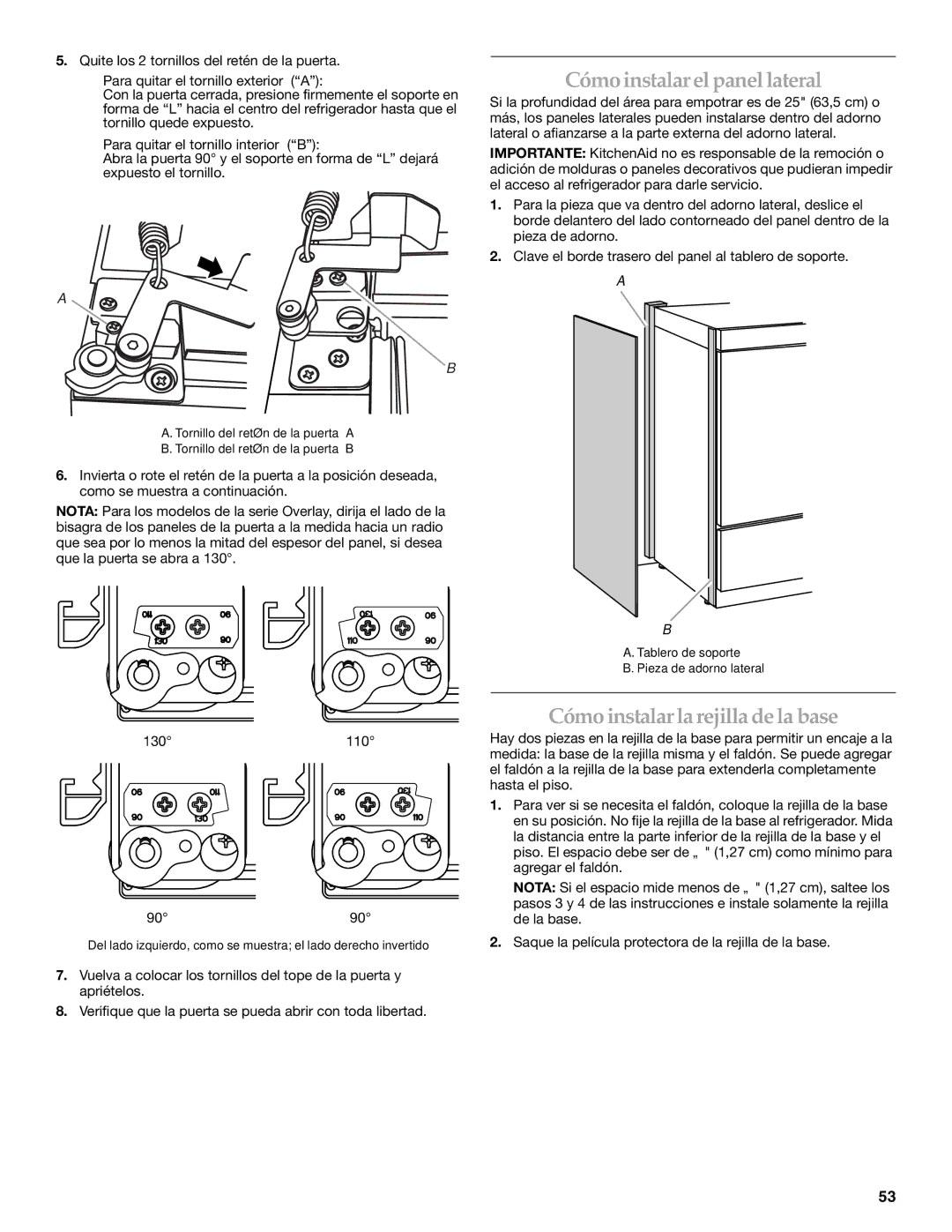 KitchenAid 2320680B manual Cómo instalar el panel lateral, Cómo instalar la rejilla de la base 