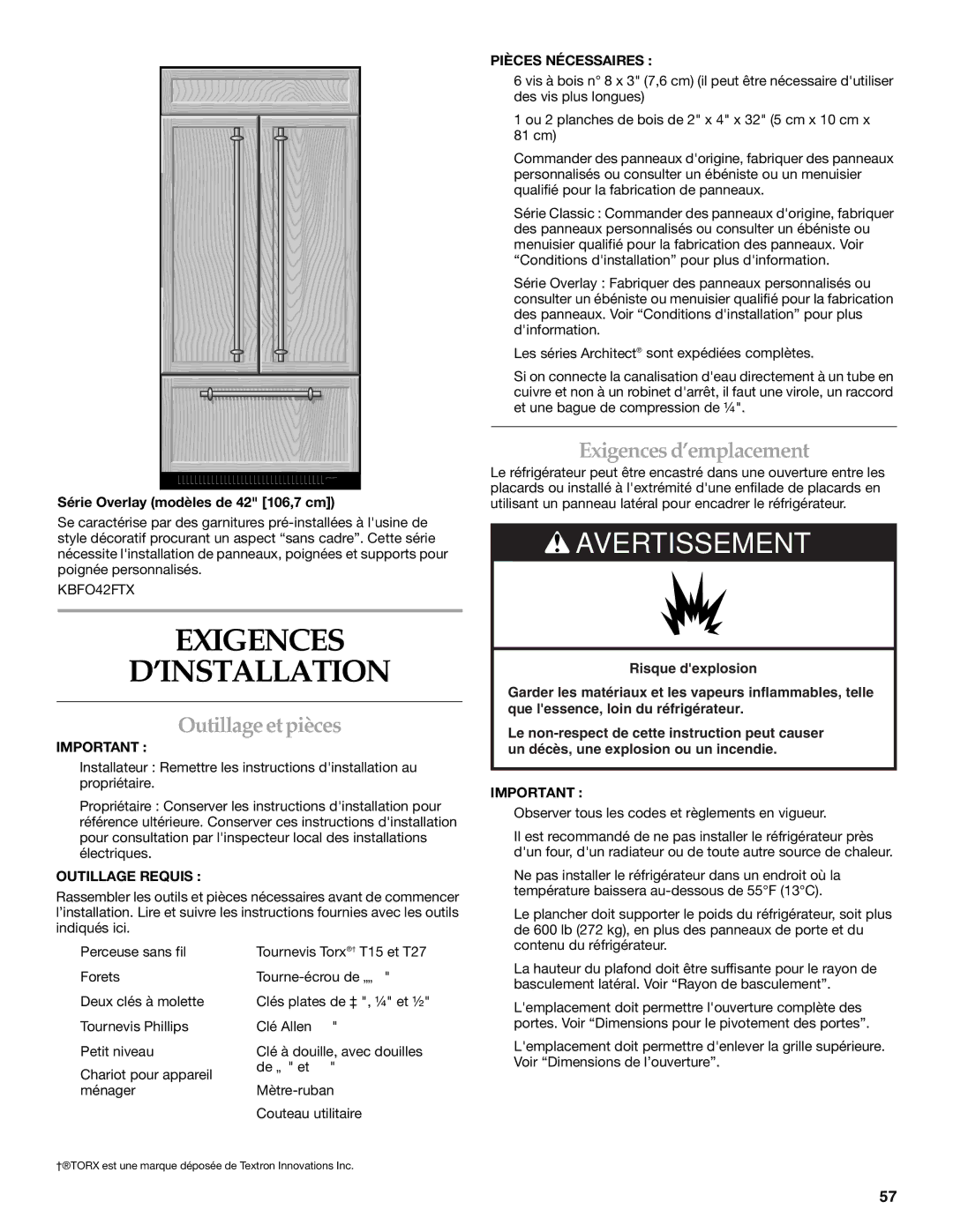 KitchenAid 2320680B manual Exigences ’INSTALLATION, Outillage et pièces, Exigences d’emplacement 