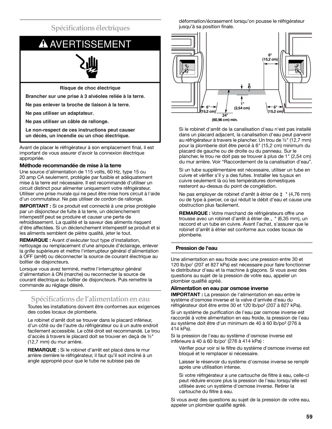 KitchenAid 2320680B manual Spécifications électriques, Spécifications de l’alimentation en eau, Pression de leau 