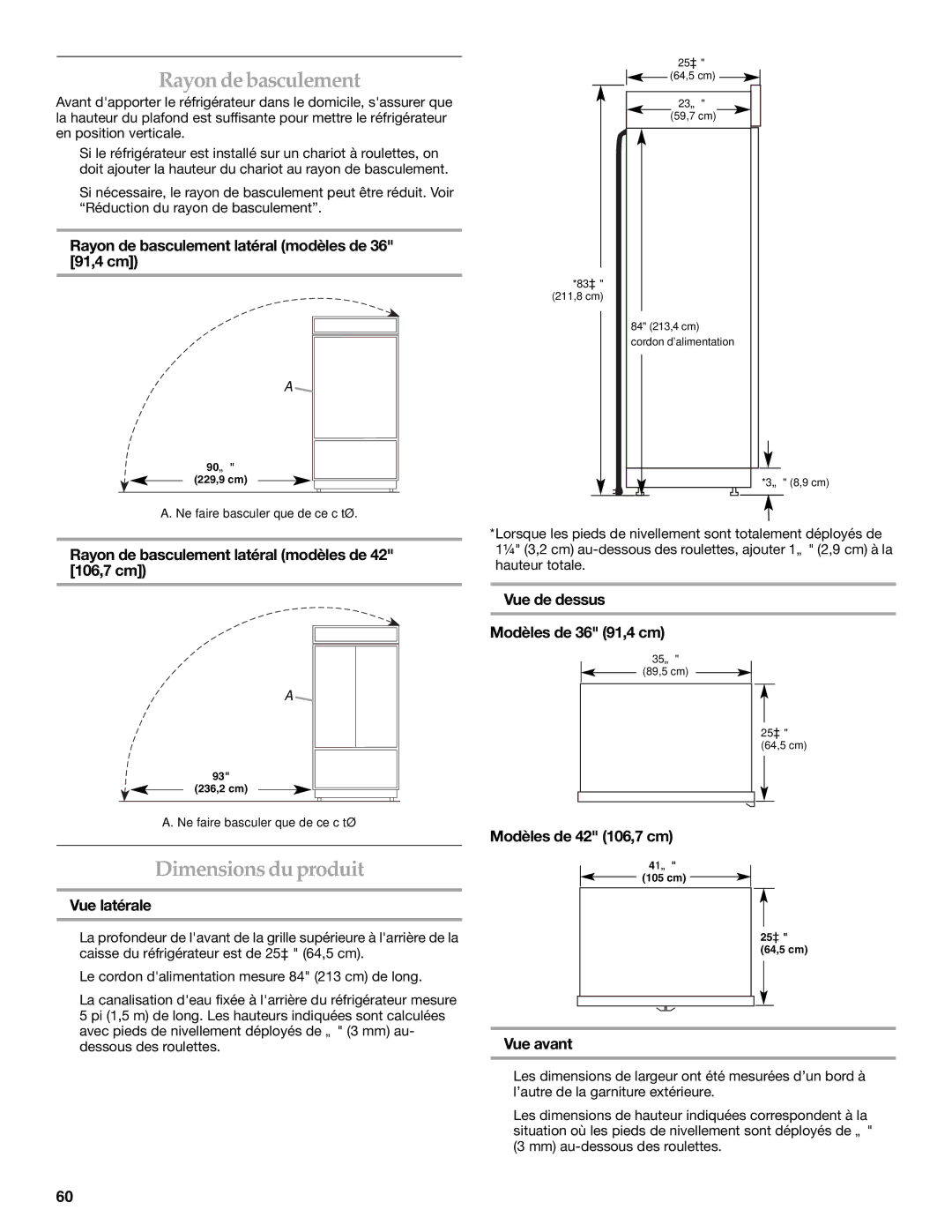 KitchenAid 2320680B manual Rayon de basculement, Dimensions du produit 