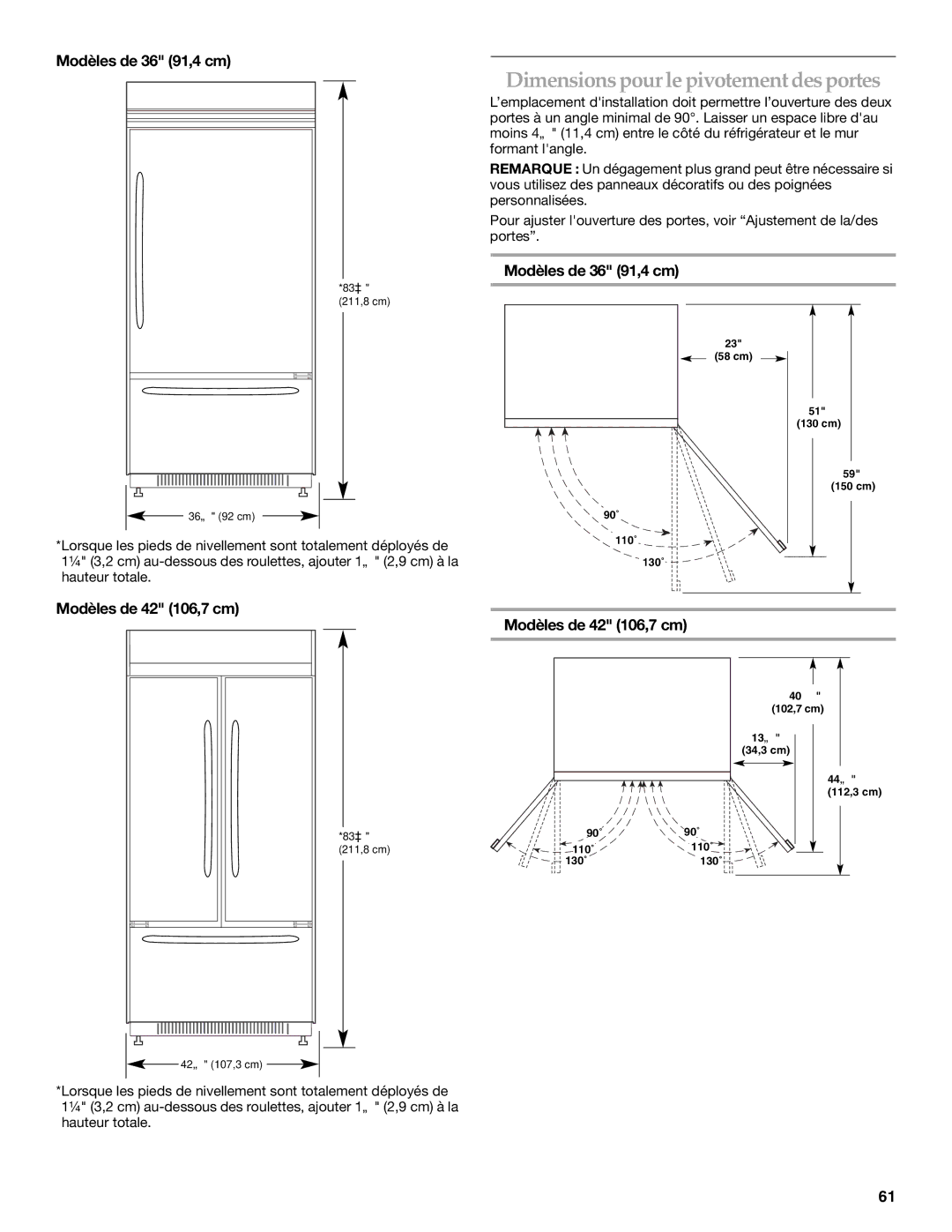 KitchenAid 2320680B manual Dimensions pour le pivotement des portes 