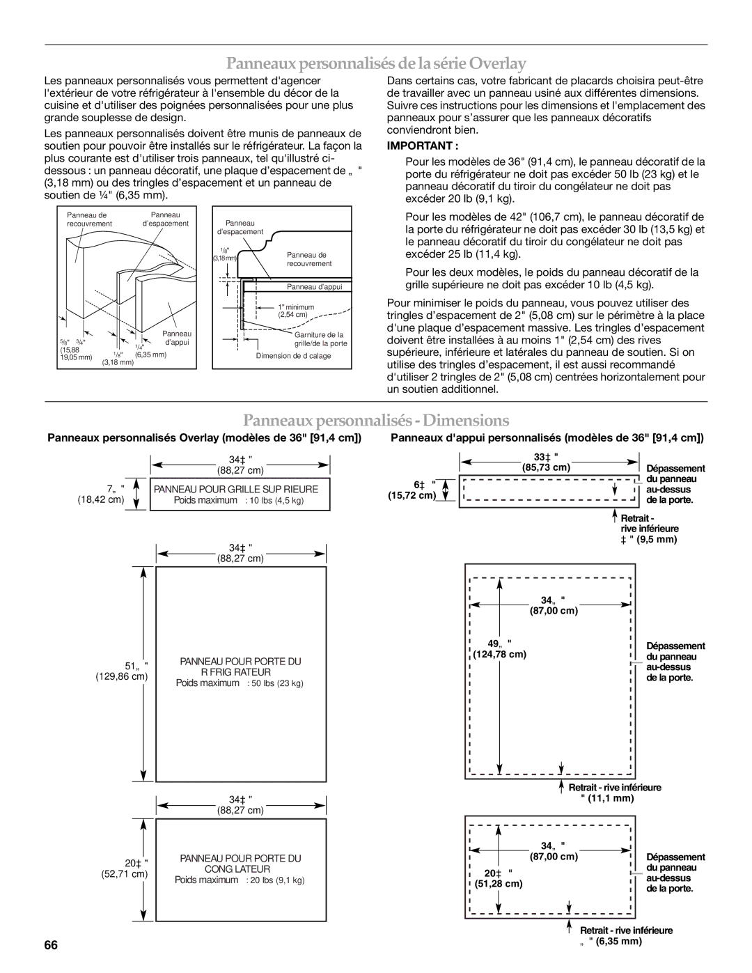 KitchenAid 2320680B manual Panneaux personnalisés de la série Overlay, Panneaux personnalisés Dimensions 